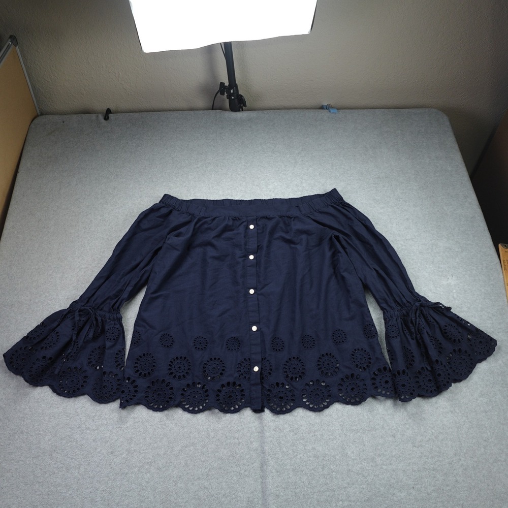 Isabella Sinclair Top  Womens Large Blue Boho Off-Shoulder Eyelet Bell Sleeve
